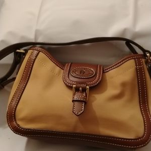 Etienne Aigner small canvas and leather bag, 9 x 6 x 3 with 17" strap.